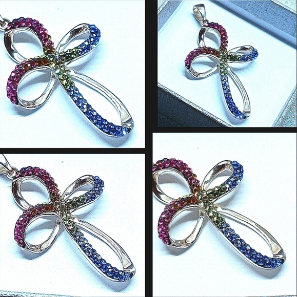 .925 SS Crystal Gemstone Stamped Cross Pendant W/Necklace NWOTs - Picture 3 of 4